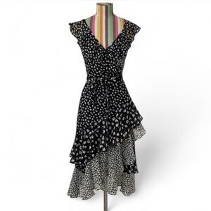 ALL SAINTS Kari Scatter Dress Black White Mixed Floral Pattern Ruffle Wrap Dress
